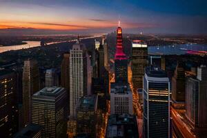 the city skyline at dusk with the empire state building lit up in red. AI-Generated photo