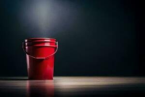 a red bucket on a dark floor. AI-Generated photo
