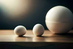 Tres huevos son sentado en un mesa. generado por ai foto