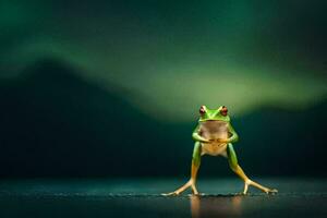 a frog standing on its hind legs with its legs spread. AI-Generated photo