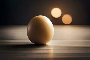 un huevo sentado en un mesa con borroso luces. generado por ai foto