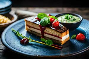 a piece of cheesecake with berries and a sauce. AI-Generated photo