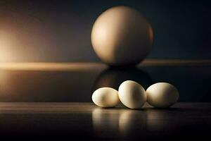 three eggs on a table with a blurry background. AI-Generated photo