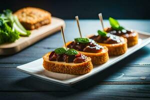 small appetizers on a plate with toothpicks. AI-Generated photo