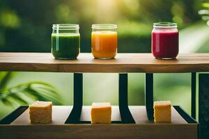 three different types of juice on a wooden table. AI-Generated photo