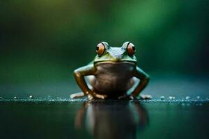 a frog sitting on the ground with a green background. AI-Generated photo