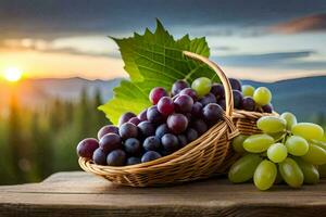 grapes in a basket on a wooden table. AI-Generated photo