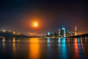el Luna sube terminado el ciudad horizonte a noche. generado por ai foto