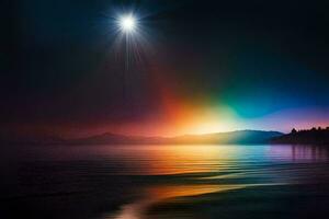 a rainbow over the water and a bright star. AI-Generated photo