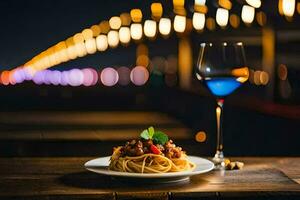 un plato de espaguetis y un vaso de vino en un de madera mesa. generado por ai foto