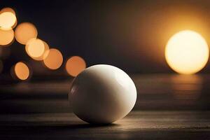 a white egg sitting on a table with lights behind it. AI-Generated photo