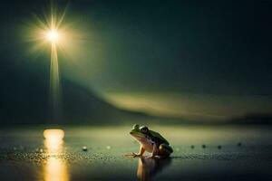 a frog sitting on the beach at night with a bright light shining in the background. AI-Generated photo