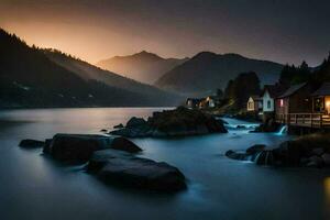 a lake with houses and rocks in the foreground. AI-Generated photo