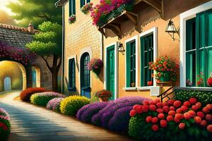 a painting of a street with flowers and flowers. AI-Generated photo