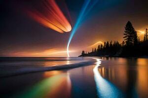 a colorful light trail is seen in the sky above a beach. AI-Generated photo