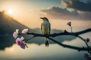 a bird sits on a branch with flowers in the background. AI-Generated photo