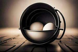 two eggs in a metal bowl on a table. AI-Generated photo