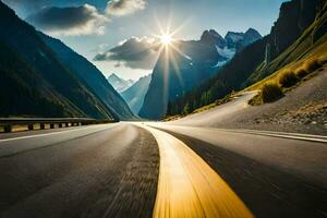 a road in the mountains with the sun shining. AI-Generated photo