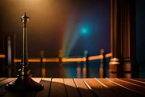 un lámpara en un de madera mesa en frente de un ligero. generado por ai foto