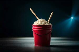 a red bucket with rice and wooden spoons. AI-Generated photo