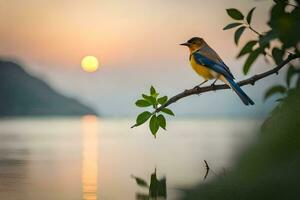 a blue and yellow bird sits on a branch near the water. AI-Generated photo