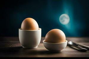two eggs in white cups on a table with a full moon. AI-Generated photo