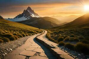 a path leading to a mountain at sunset. AI-Generated photo