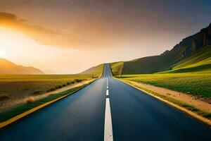 un largo la carretera con un puesta de sol en el antecedentes. generado por ai foto