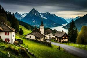 foto fondo de pantalla montañas, el cielo, lago, camino, casa, camino, casa, camino,. generado por ai