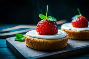 two small cakes with strawberries on top. AI-Generated photo