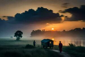 two people walking along a path with a boat in the background. AI-Generated photo