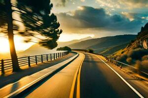 a road with a tree in the foreground and mountains in the background. AI-Generated photo