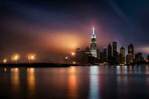 el ciudad horizonte a noche con un ligero espectáculo. generado por ai foto