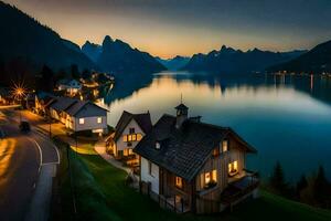 un casa se sienta en el lado de un lago a oscuridad. generado por ai foto