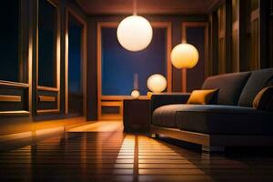 a living room with a couch and lamps. AI-Generated photo