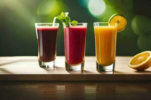 three different types of juices on a table. AI-Generated photo