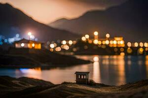 a small house sits on the sand near a lake at night. AI-Generated photo