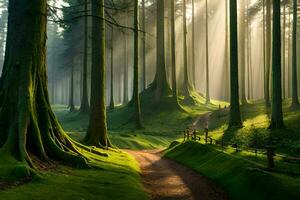 a path through a forest with trees and sunbeams. AI-Generated photo