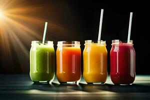five different colored smoothies in glass jars. AI-Generated photo
