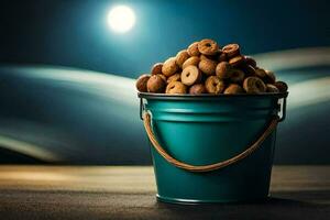a bucket filled with nuts and a full moon. AI-Generated photo