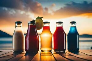 five bottles of different colored drinks on a table. AI-Generated photo