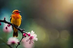 a bird is sitting on a branch with flowers. AI-Generated photo