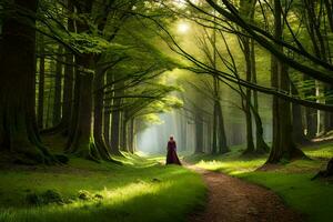 a woman in red is walking down a path in the forest. AI-Generated photo