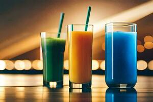 three different colored drinks in glasses on a table. AI-Generated photo