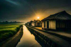 the sun rises over a rice field and a small village. AI-Generated photo