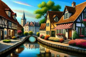 a painting of a small town with houses and a canal. AI-Generated photo
