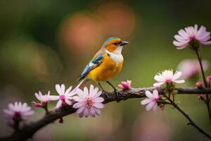 a bird sitting on a branch with pink flowers. AI-Generated photo