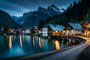 photo wallpaper the sky, mountains, lake, houses, the night, the mountains, the lake. AI-Generated