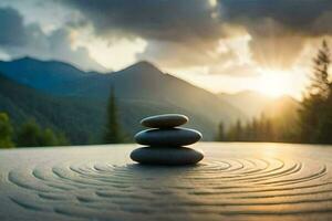 stacked stones on a table in front of a mountain. AI-Generated photo