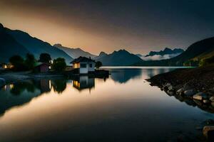 un lago con un casa y montañas en el antecedentes. generado por ai foto